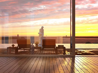 Hotel Public Lounge Area with Wooden Flooring Lounge Chairs and Sea View at Sunset 3d model