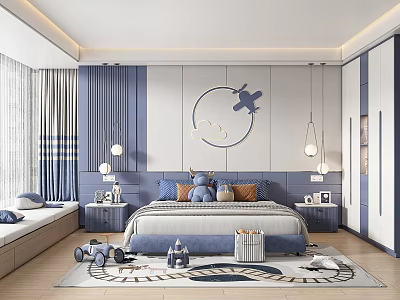 Modern Kids Room Blue Bed Pillows Airplane Moon Cloud Wall Decor Nightstands Curtains Toy Rug 3d model