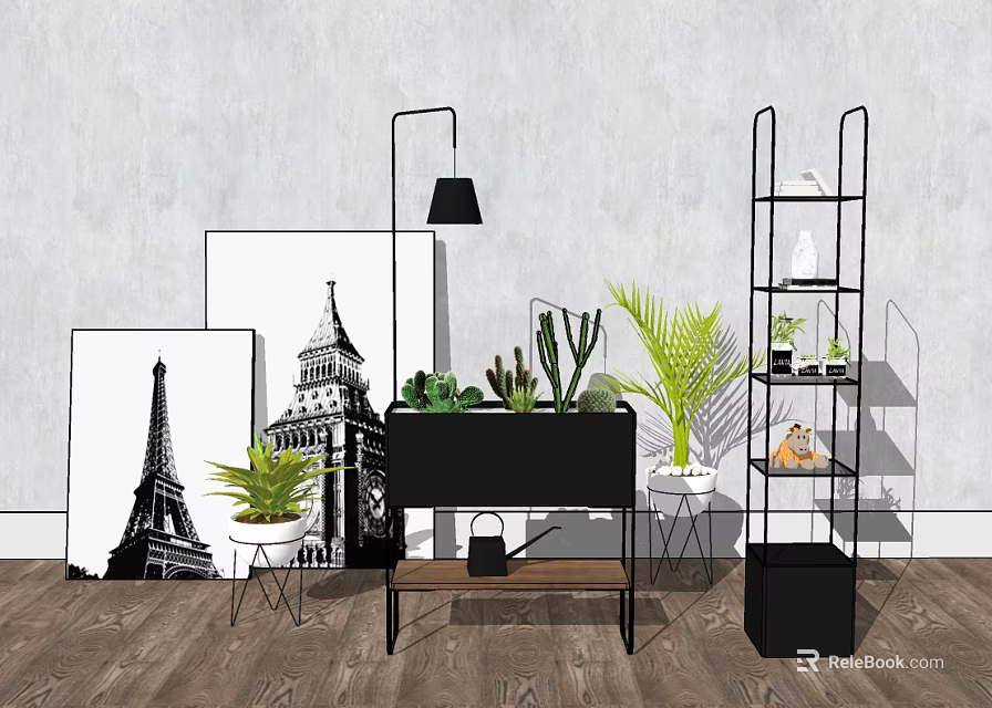 Modern Decorative Shelving Unit with Potted Plants Artwork Floor Lamp and Wooden Floor 3d model 
