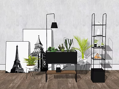 Modern Decorative Shelving Unit with Potted Plants Artwork Floor Lamp and Wooden Floor 3d model