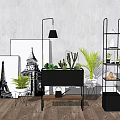 Modern Decorative Shelving Unit with Potted Plants Artwork Floor Lamp and Wooden Floor