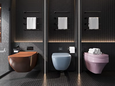 Modern Bathroom Interior With Wall Mounted Brown Blue Pink Toilets Towel Racks and White Towels 3d model