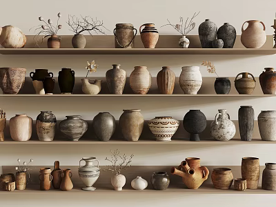 Handcrafted Ceramic Vessels of Various Styles Displayed on Multiple Shelves 3d model