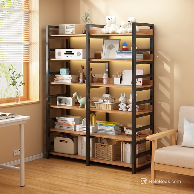 Living Room Storage Shelf With Wooden Metal Frame And Decorative Items 3d model 