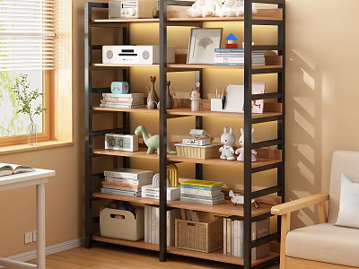 Living Room Storage Shelf With Wooden Metal Frame And Decorative Items 3d model