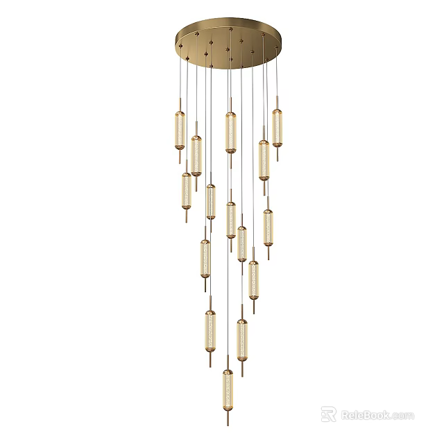 Elegant Modern Gold Chandelier with Multiple Hanging Cylindrical Glass Tubes 3d model 