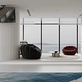 Soft White Tone Beauty Hair Salon Reception Interior With Curved Walls And Product Display Shelves
