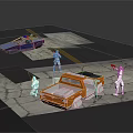 Orange Pickup Truck Blue Police Car With White Figurines On Paved Road