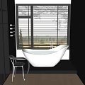 Modern Free Standing White Bathtub in Bathroom with Window Blinds Natural Light and Chair