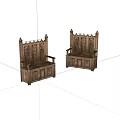 Two Wooden Leisure Chairs With Carved Details High Backrests Armrests And Vintage Design