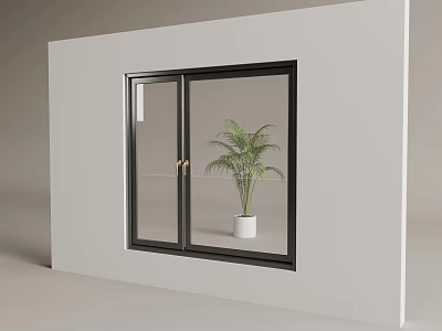 Modern Double Glass Window With Black Frame And Green Plant In White Pot 3d model