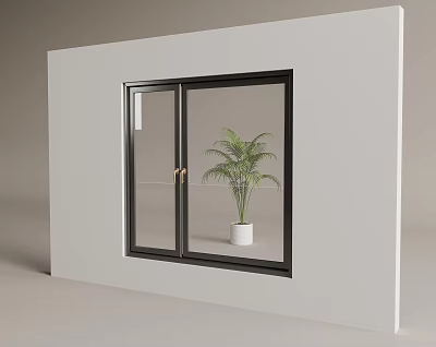 Modern Double Glass Window With Black Frame And Green Plant In White Pot 3d model