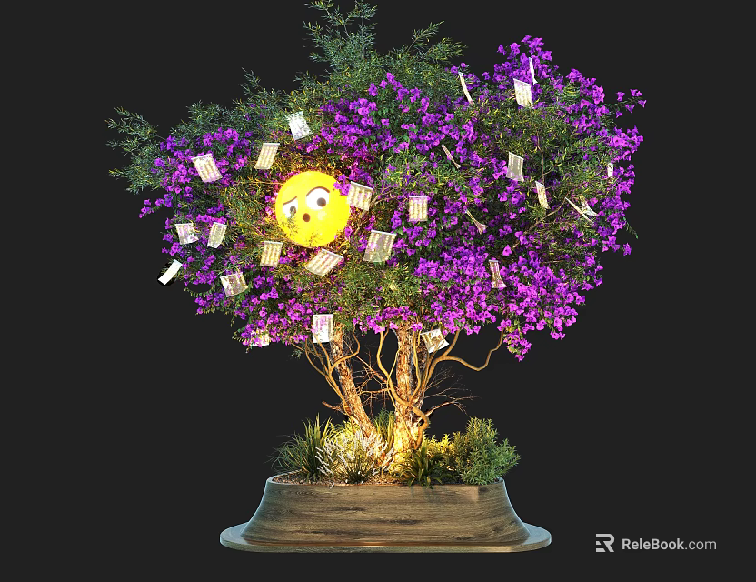 Decorative Tree Planter with Purple Flowers Green Leaves Wooden Base and Hanging Tags 3d model 