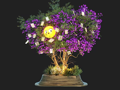 Decorative Tree Planter with Purple Flowers Green Leaves Wooden Base and Hanging Tags 3d model