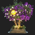 Decorative Tree Planter with Purple Flowers Green Leaves Wooden Base and Hanging Tags