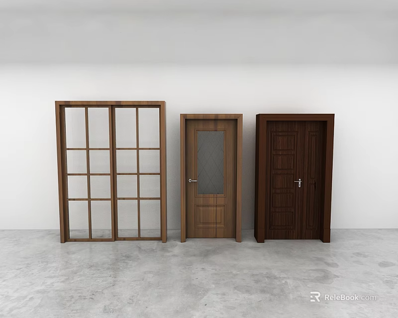 Wooden Hinged Doors With Various Designs Including Glass Panels And Solid Panels 3d model