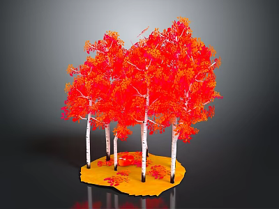 Vibrant Red Leaf Trees With White Trunks On Yellow Ground And Fallen Leaves 3d model