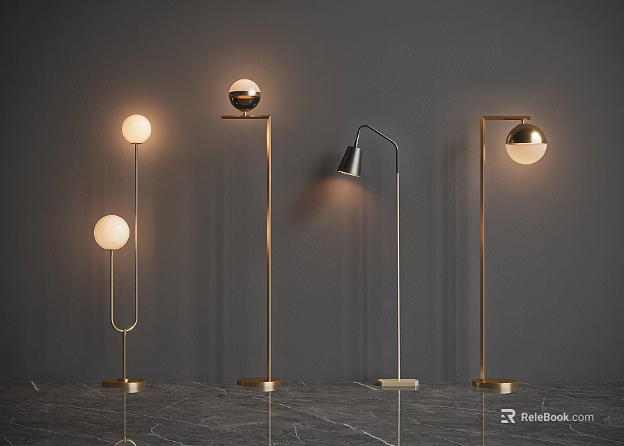Elegant Modern Floor Lamps With Globe Shades And Slim Gold Arched Metal Stands 3d model 