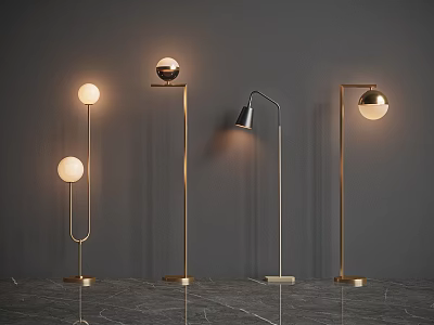 Elegant Modern Floor Lamps With Globe Shades And Slim Gold Arched Metal Stands 3d model
