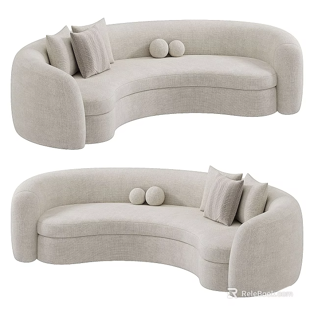 Light Beige Curved Sectional Sofa with Soft Pillows and Decorative Balls for Modern Living Room 3d model 