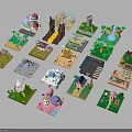 Colorful Cartoon Style Lego Miniature Buildings Featuring Various Creative Scenes