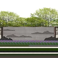 Garden Feature Wall With Perforated Pattern Surrounded By Green Trees And Purple Flowers 3d model