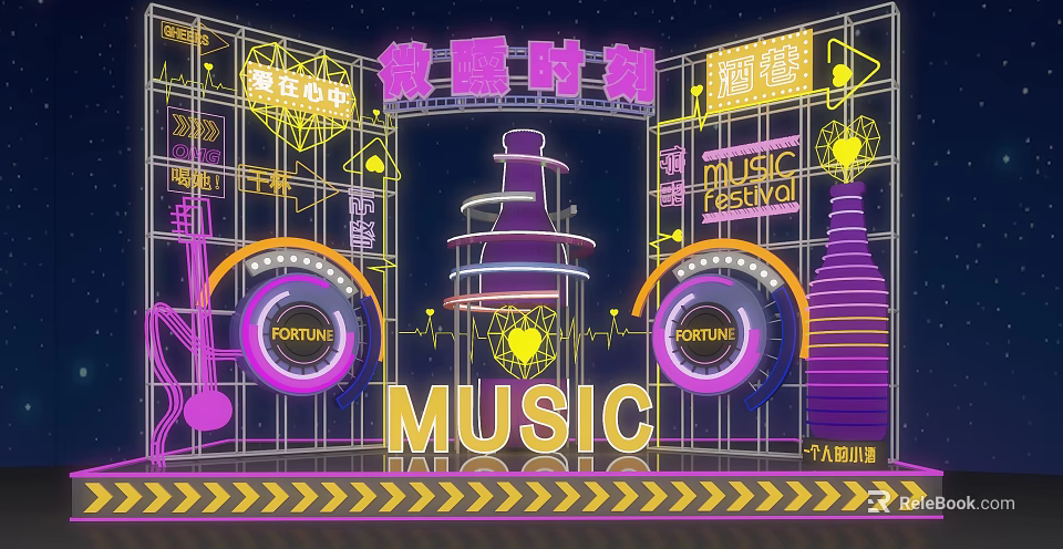 Neon Lit Music Festival Stage With Decorative Elements And Music Symbols 3d model 