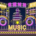 Neon Lit Music Festival Stage With Decorative Elements And Music Symbols