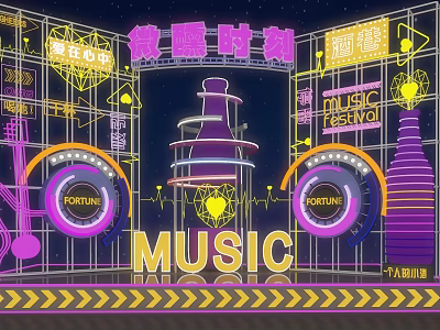 Neon Lit Music Festival Stage With Decorative Elements And Music Symbols 3d model