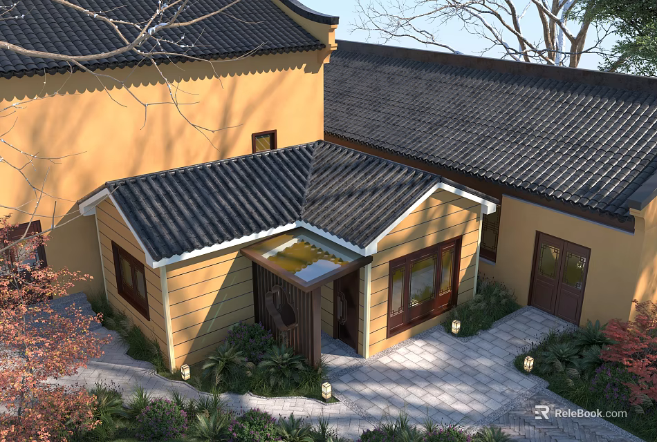 Ancient Chinese Architecture Featuring Tiled Roof Yellow Walls Wooden Doors and Courtyard 3d model 