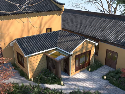 Ancient Chinese Architecture Featuring Tiled Roof Yellow Walls Wooden Doors and Courtyard 3d model