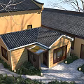 Ancient Chinese Architecture Featuring Tiled Roof Yellow Walls Wooden Doors and Courtyard