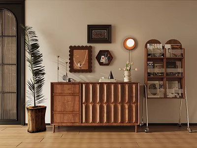 Walnut Wood Sideboard Cabinet With Stylish Design Decorations Green Plant And Wall Art 3d model