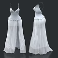 White Long Dresses with Spaghetti Straps Ruffled Skirt and Side Slit
