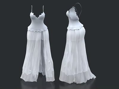 White Long Dresses with Spaghetti Straps Ruffled Skirt and Side Slit 3d model