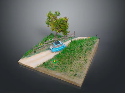 Blue Car Parked On Country Road With Green Grass Tree And Wooden Fence 3d model