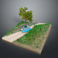 Blue Car Parked On Country Road With Green Grass Tree And Wooden Fence