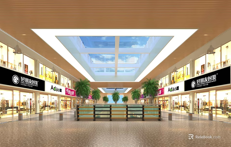 Shopping Mall Lobby Interior With Glass Skylight Shops And Green Plants 3d model 