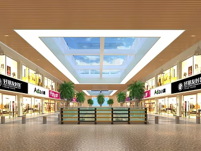 Shopping Mall Lobby Interior With Glass Skylight Shops And Green Plants 3d model