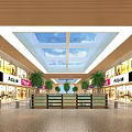 Shopping Mall Lobby Interior With Glass Skylight Shops And Green Plants