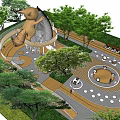 Fun Children Playground With Giant Bear Sculpture Birdcage Structure Egg Shaped Hut And Green Trees