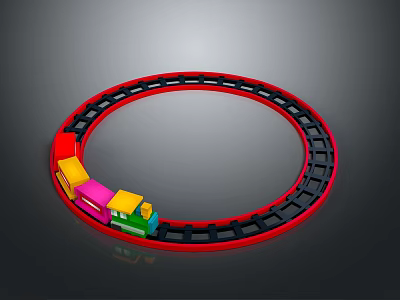 Colorful Toy Train With Multiple Carriages Running On Red Circular Tracks 3d model