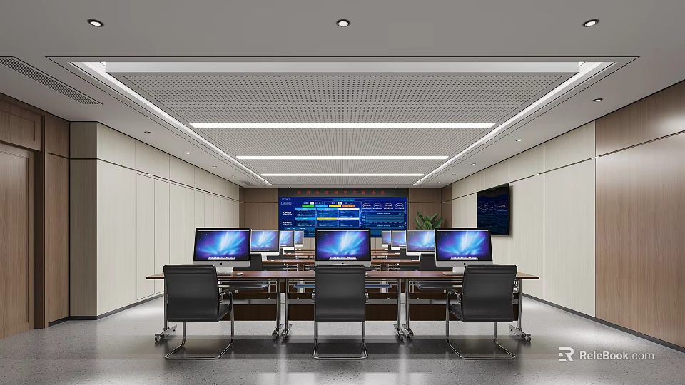 Modern Monitoring Room Interior With Multiple Monitors And Desks 3d model 