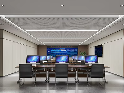 Modern Monitoring Room Interior With Multiple Monitors And Desks 3d model