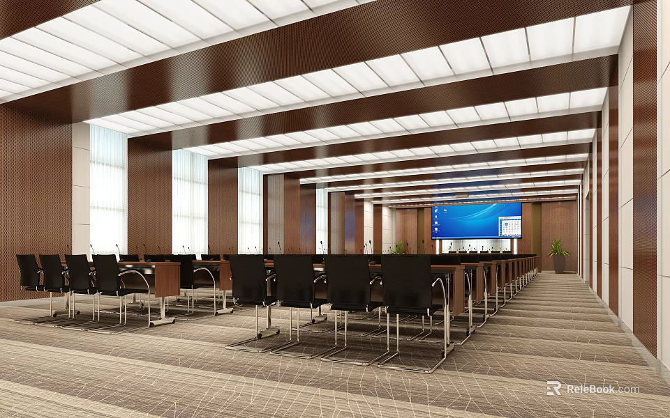 Modern Conference Room With Long Tables Black Chairs White Ceiling Wooden Walls And Blue Screen 3d model 