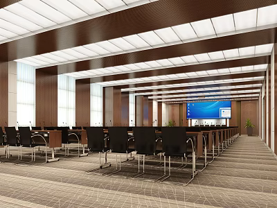 Modern Conference Room With Long Tables Black Chairs White Ceiling Wooden Walls And Blue Screen 3d model