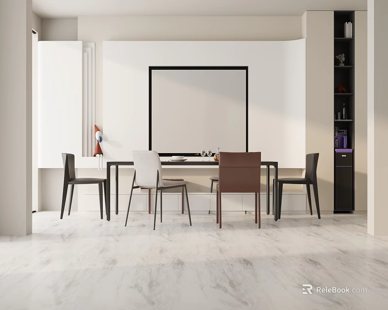 Modern Dining Table Set With White Brown Black Chairs And Marble Floor Interior 3d model
