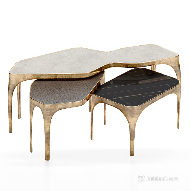 Modern Nested Coffee Table With Brass Legs And Black Marble Textured Tops 3d model 