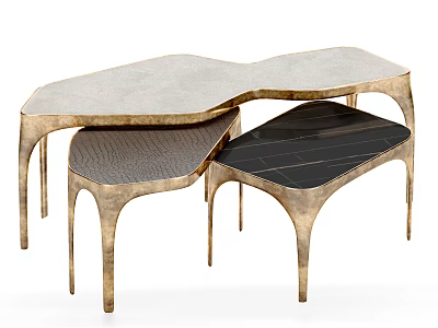 Modern Nested Coffee Table With Brass Legs And Black Marble Textured Tops 3d model