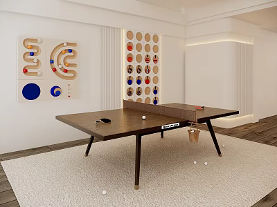 Wooden Table Tennis Table With Paddle Balls And Decorative Wall Art In Indoor Room 3d model